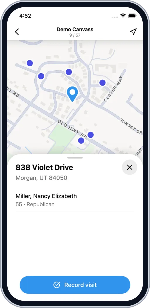 Recording a visit in the Stride Canvassing mobile app.